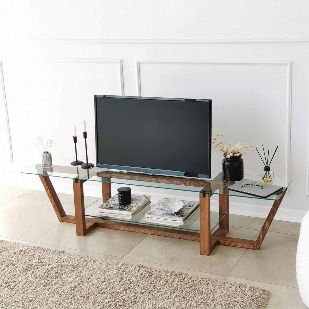 Meuble TV verre trempé bois foncé - 158 cm 2 niveaux LHASA bois naturel, PIER IMPORT