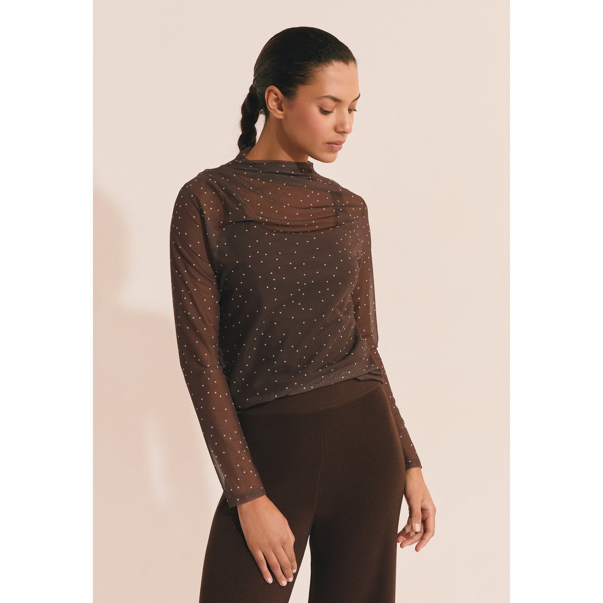 T-shirt manches longues en tulle A CAISSY chocolat, ETAM