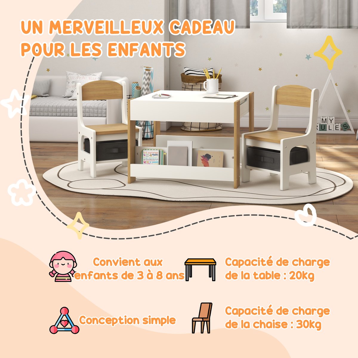 Ensemble table et chaises pour enfants MDF beige, HOMCOM