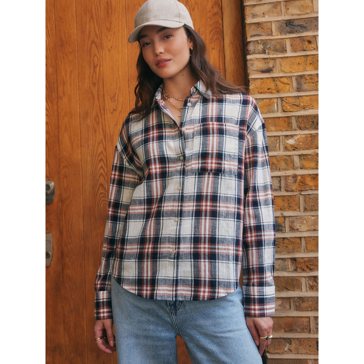 Chemise à manches longues neutre/bleu marine à carreaux, NEXT