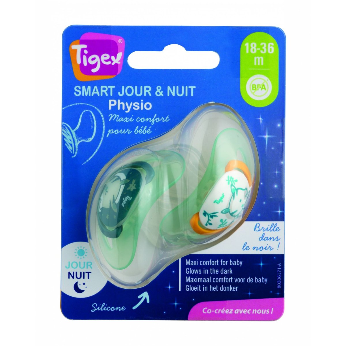 Lot de 2 Sucettes Smart Jour et Nuit Silicone 18-36mois couleur unique, TIGEX