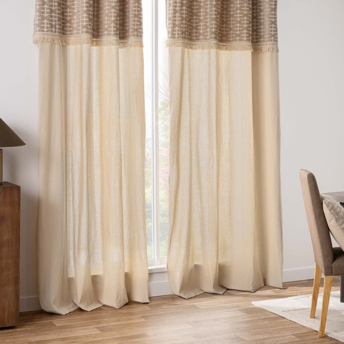 Rideau tamisant à œillets en polycoton avec jacquard et franges naturel, DOUCEUR D'INTÉRIEUR