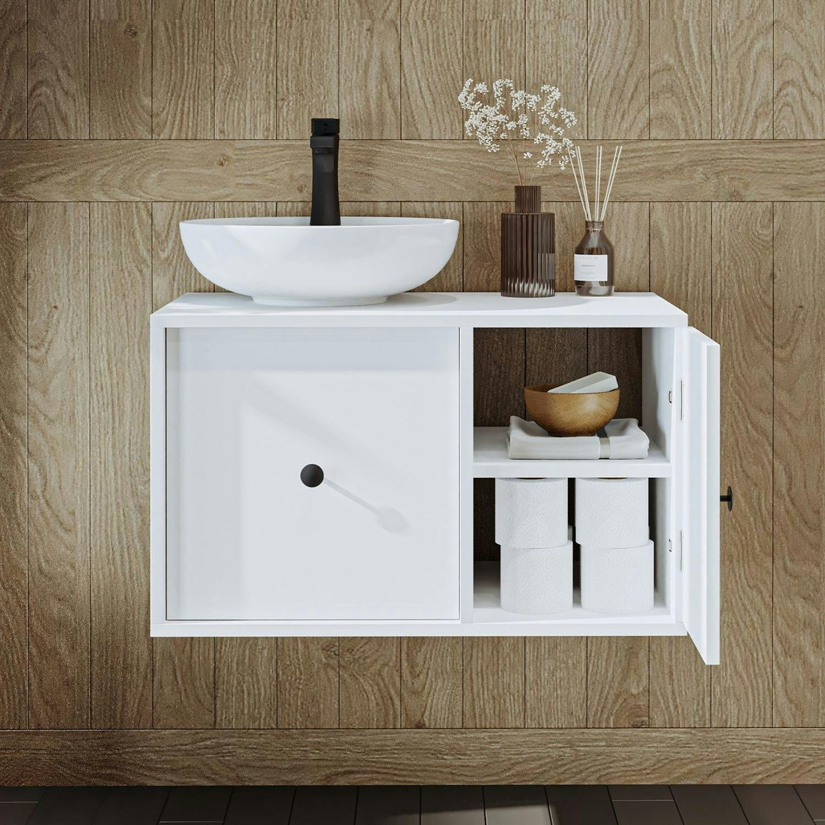 Meuble suspendu 1 tiroir 1 porte + vasque ronde EBE blanc, PIER IMPORT