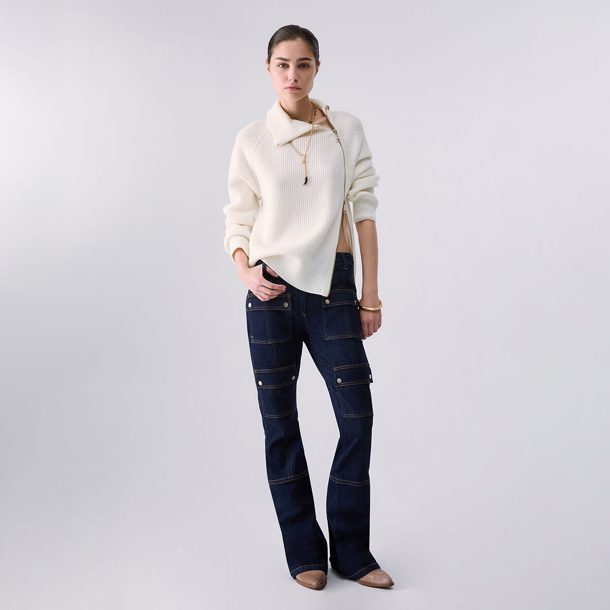 Pull en laine avec zip blanc laine, LIU JO