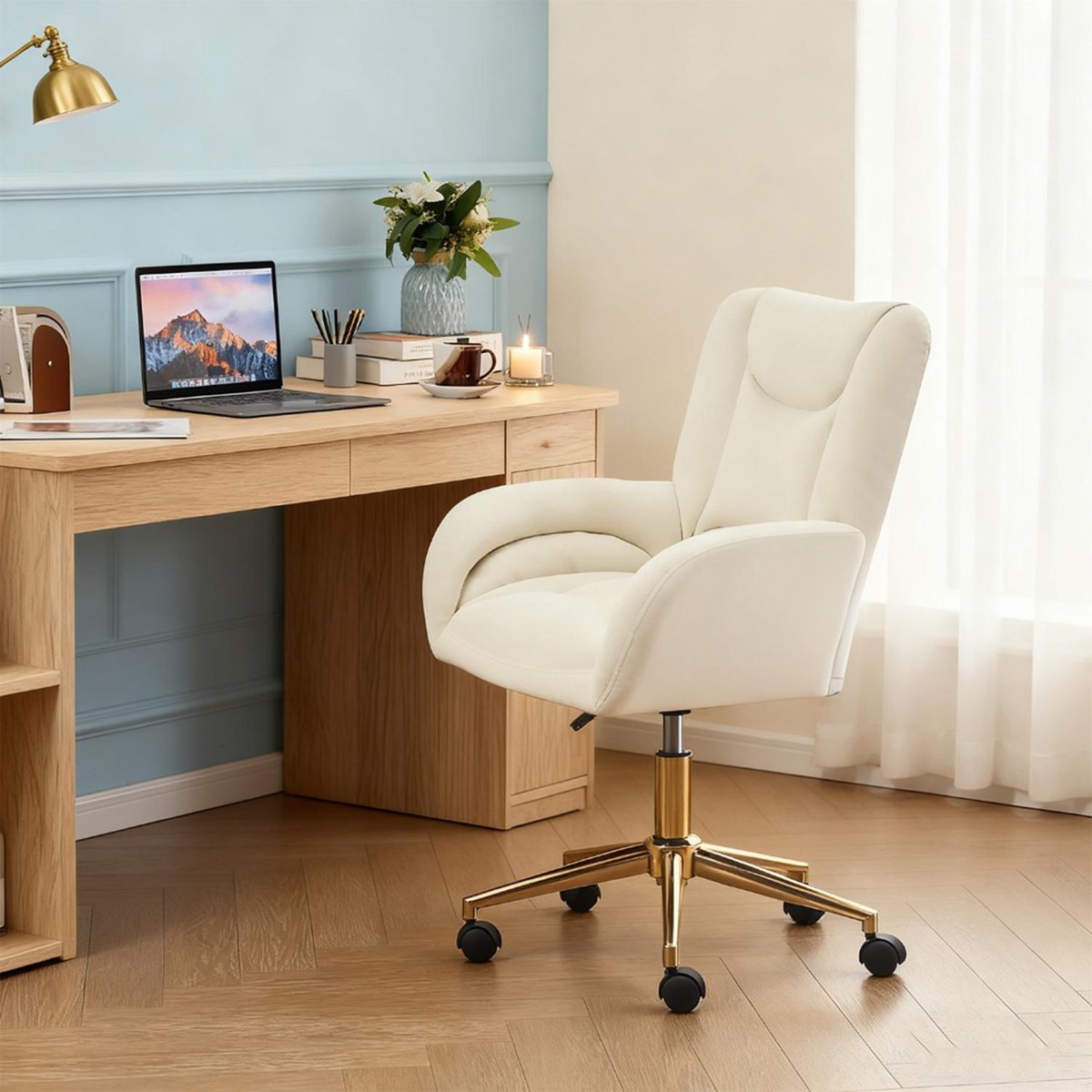 Chaise de bureau en velours réglable et pivotante, ROSSIE blanc, MEUBLES COSY