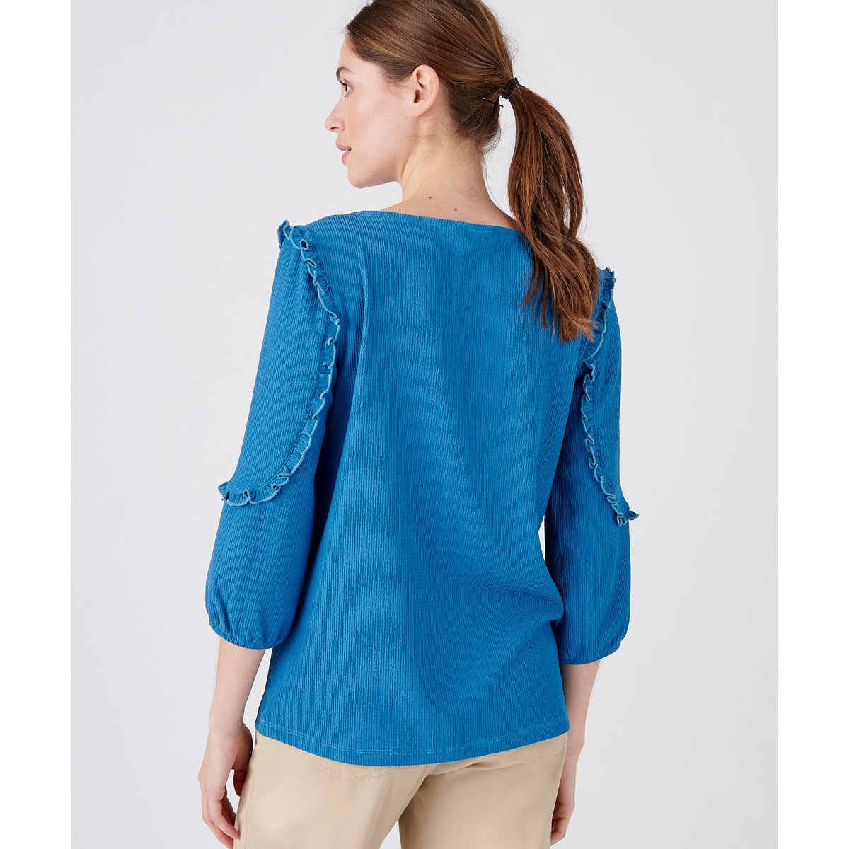 T-shirt volantés crêpe recyclé, manches 3/4 bleu, DAMART