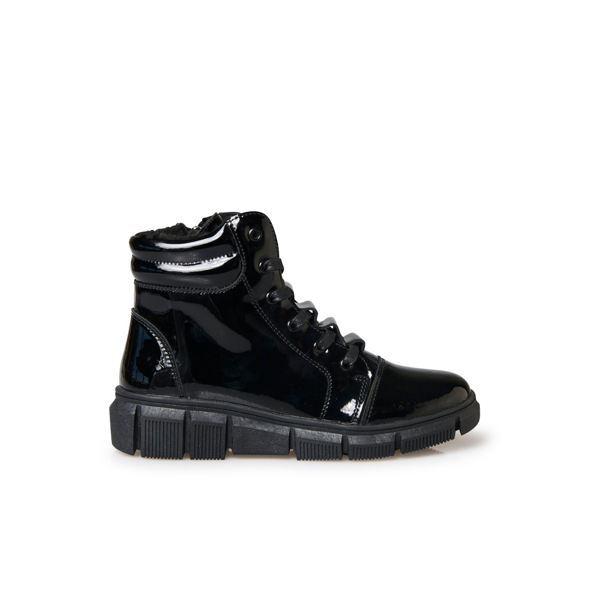 Boots fourrées fermées par zip et lacets vernis noir, PEDICONFORT
