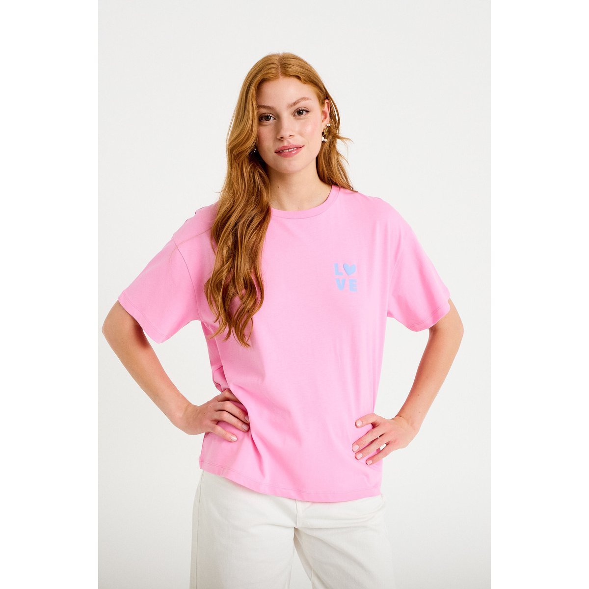 T-shirt droit col rond manches courtes rose corail, CACHE CACHE