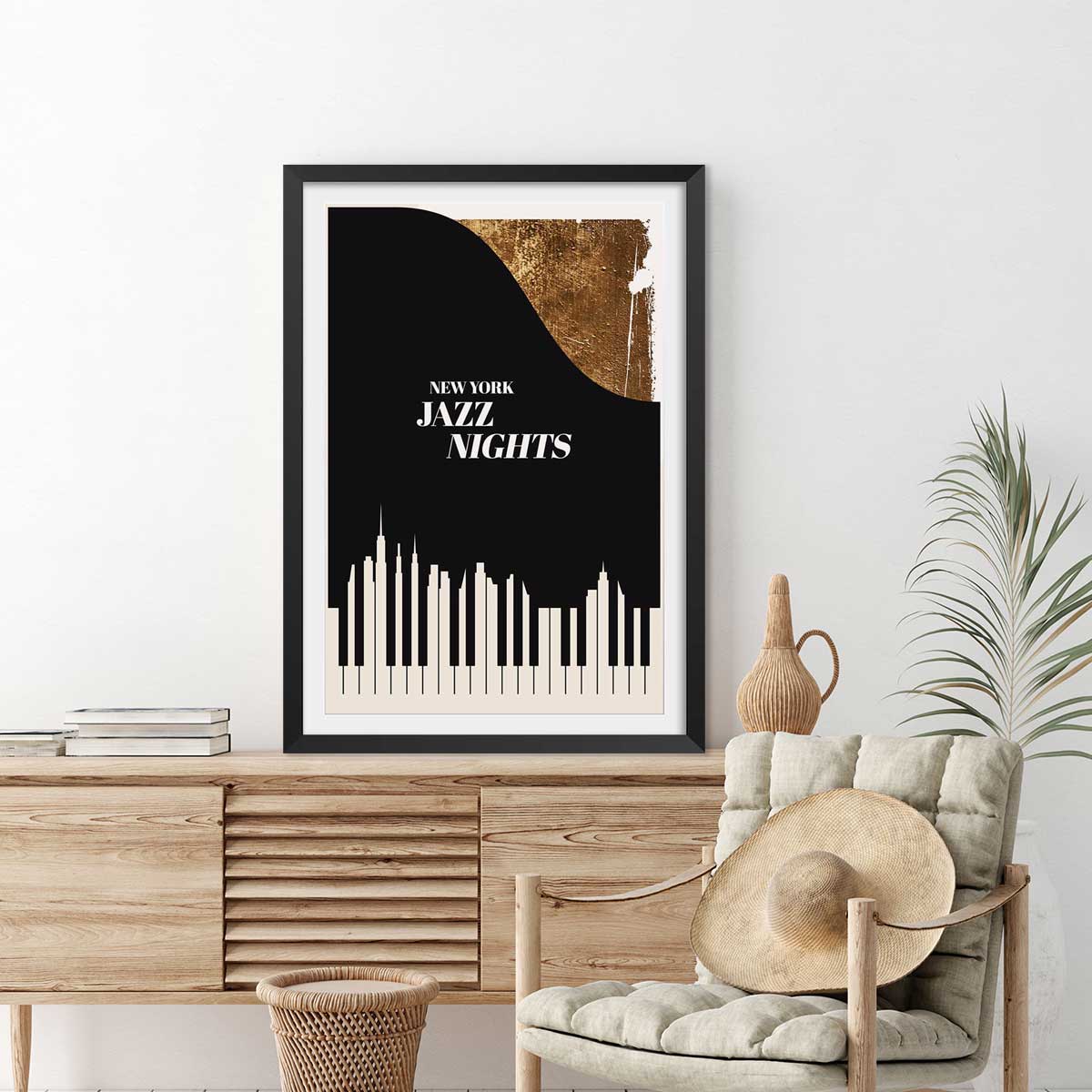Poster new york jazz night affiche + cadre en bois - noir, HEXOA