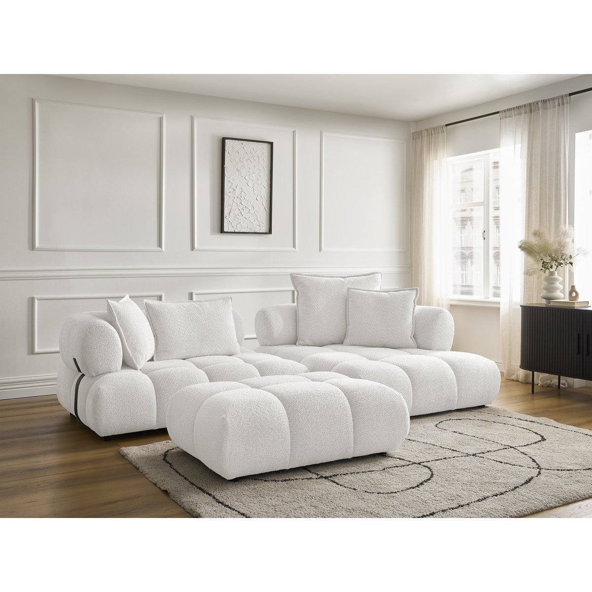 Canapé d'angle fixe 4 places en tissu bouclette avec pouf, ALYA blanc, BOBOCHIC