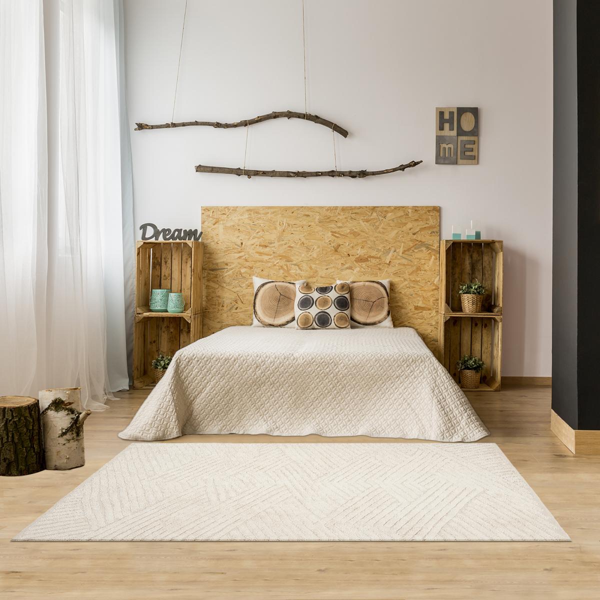 Tapis chambre fait main en coton motif faux uni COTCOLO beige, UN AMOUR DE TAPIS