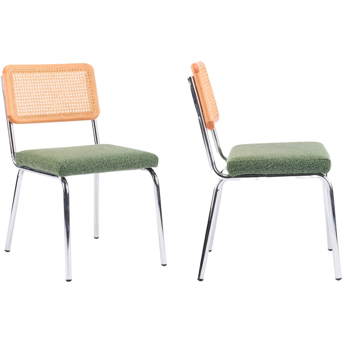 Lot de 2 chaises chromées, cannage et tissu bouclé - PAULA vert, HOMIFAB