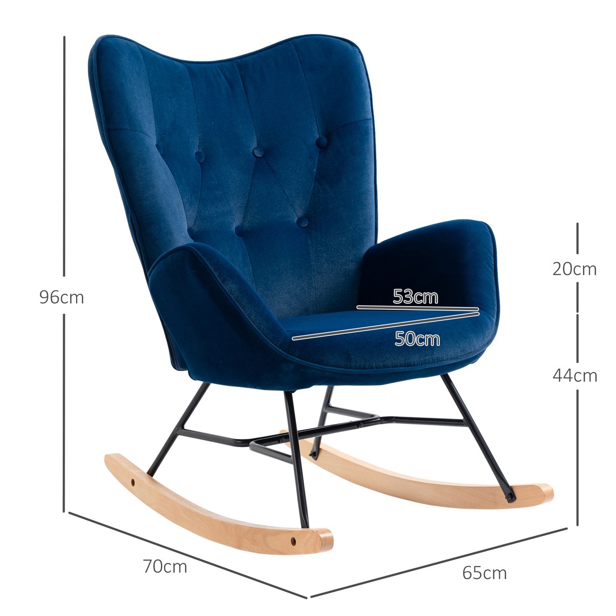 Fauteuil à bascule Velours (100% polyester) bleu, bois clair, noir, HOMCOM