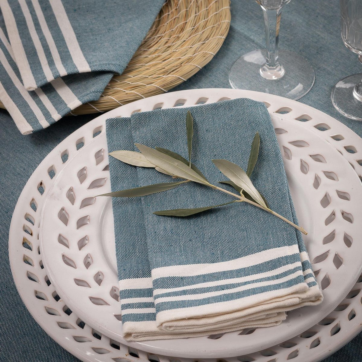 Nappe + 8 serviettes coton MAHDIA bleu pétrole, FEBRONIE