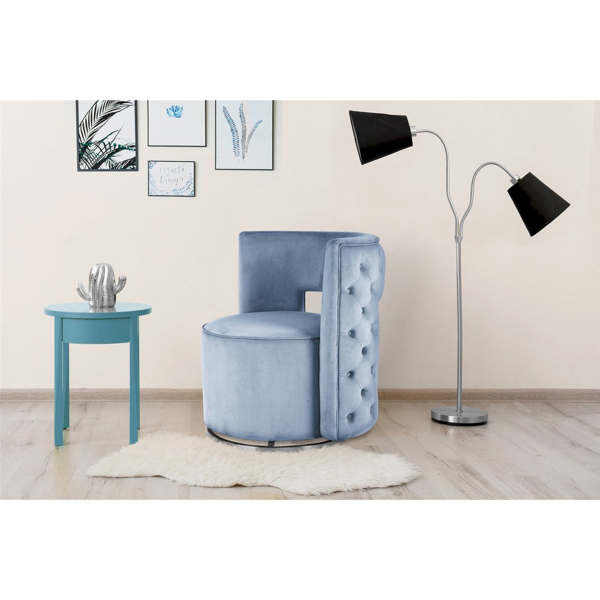 Fauteuil pivotant en velours rond bleu ciel et argenté, ARTE ESPINA