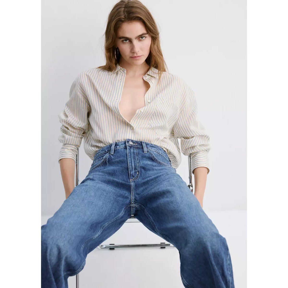 Jean barrel taille haute bleu foncé, MANGO