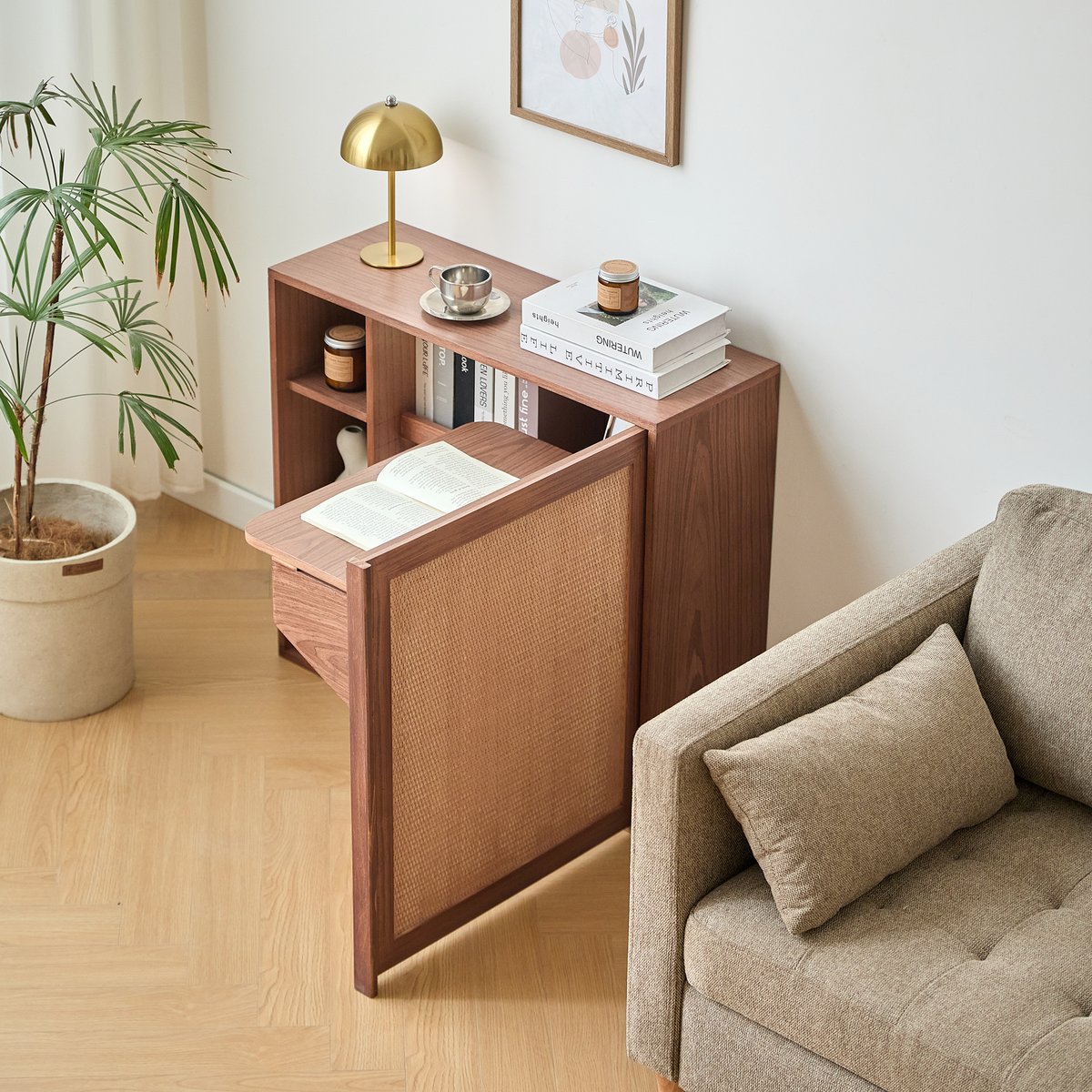 Meuble de rangement avec bureau tablette, bois de noyer et rotin, LAPENA marron, NORDLYS