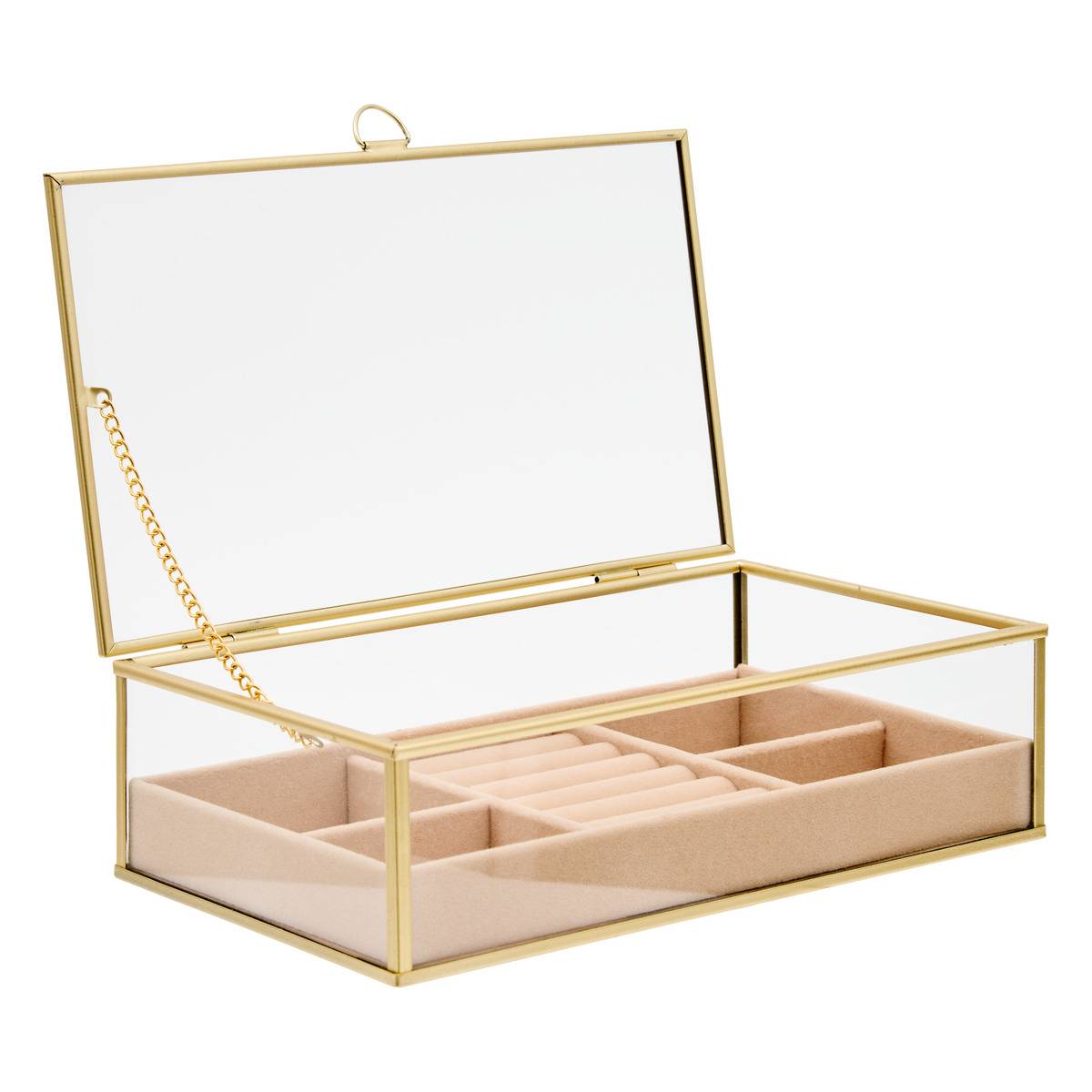 Boîte à bijoux rectangulaire en verre JUDE transparente et doré, ATMOSPHERA