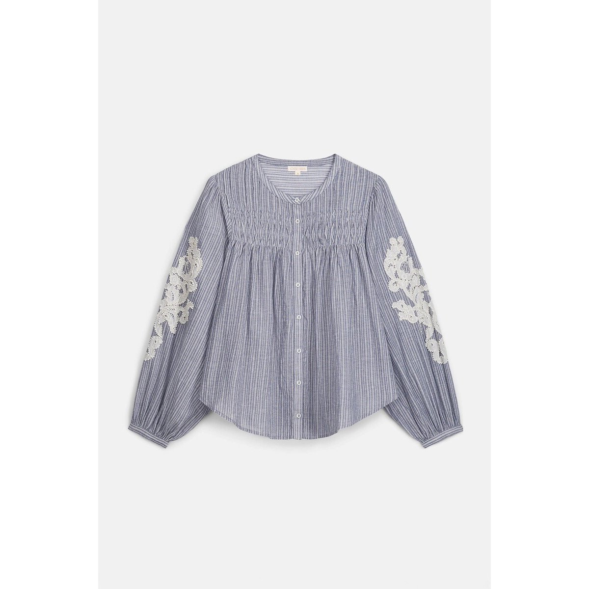 Blouse col rond à manches longues rayée et brodée, JALLY rayé bleu/blanc, LOUISE MISHA