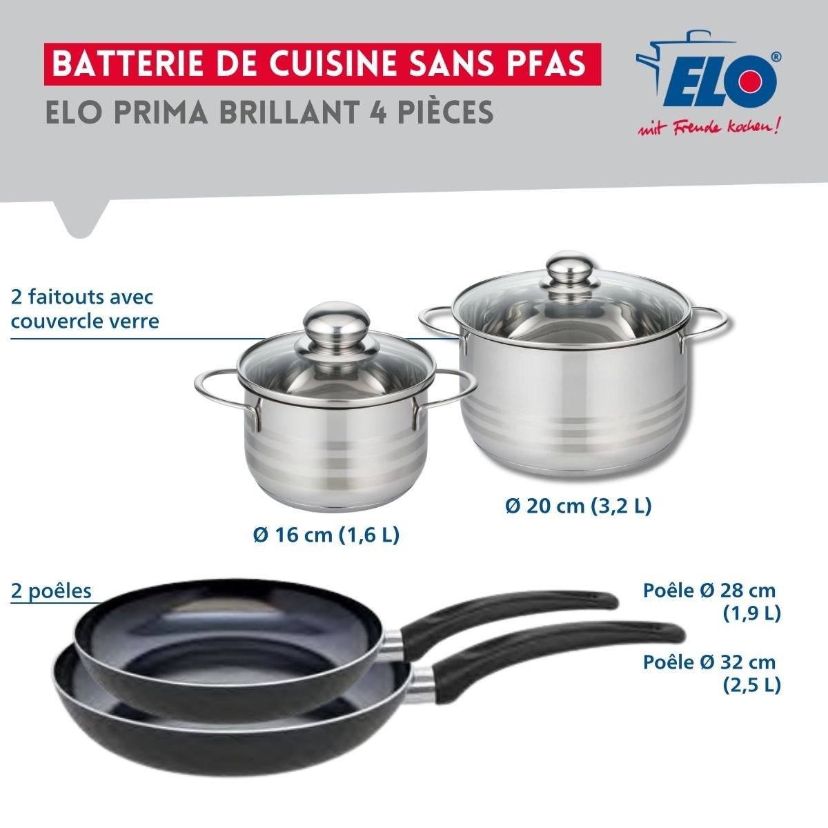 Batterie 2 poêles 28/32cm + 2 faitouts 16/20cm PRIMA BRILLANT noir, ELO