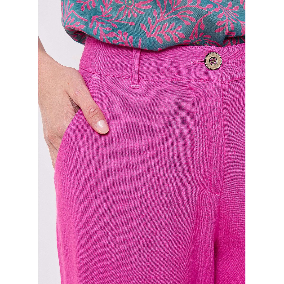 Pantalon large viscose lin 7/8 AMELIA rose dahlias, LA FIANCÉE