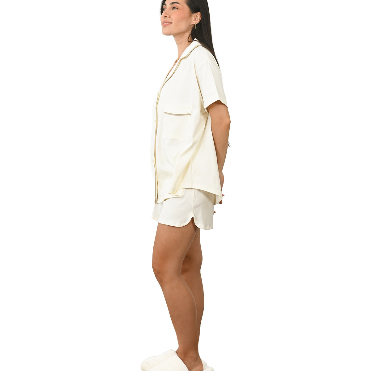 Pyjama femme chemise + short en jersey PRINCETON ecru, SENSEI MAISON