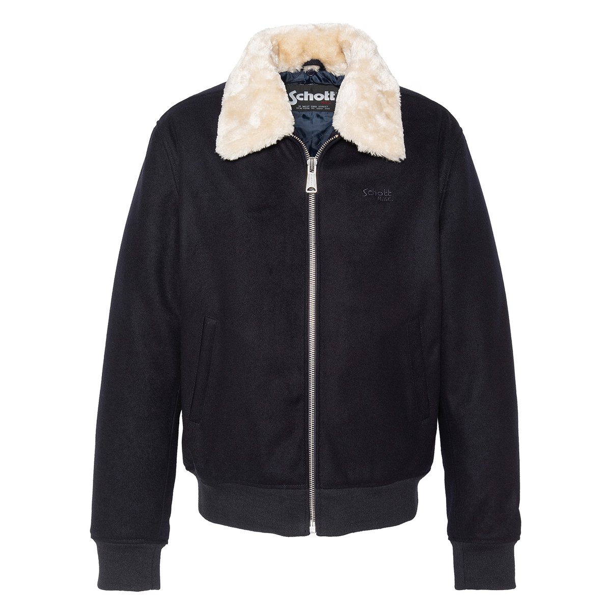 Blouson pilote en laine mélangée bleu marine, SCHOTT