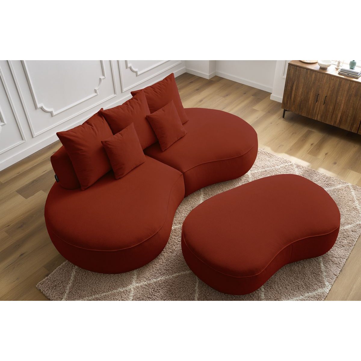 Canapé droit fixe 5 places en tissu texturé avec pouf, SAINT-GERMAIN rouge, BOBOCHIC