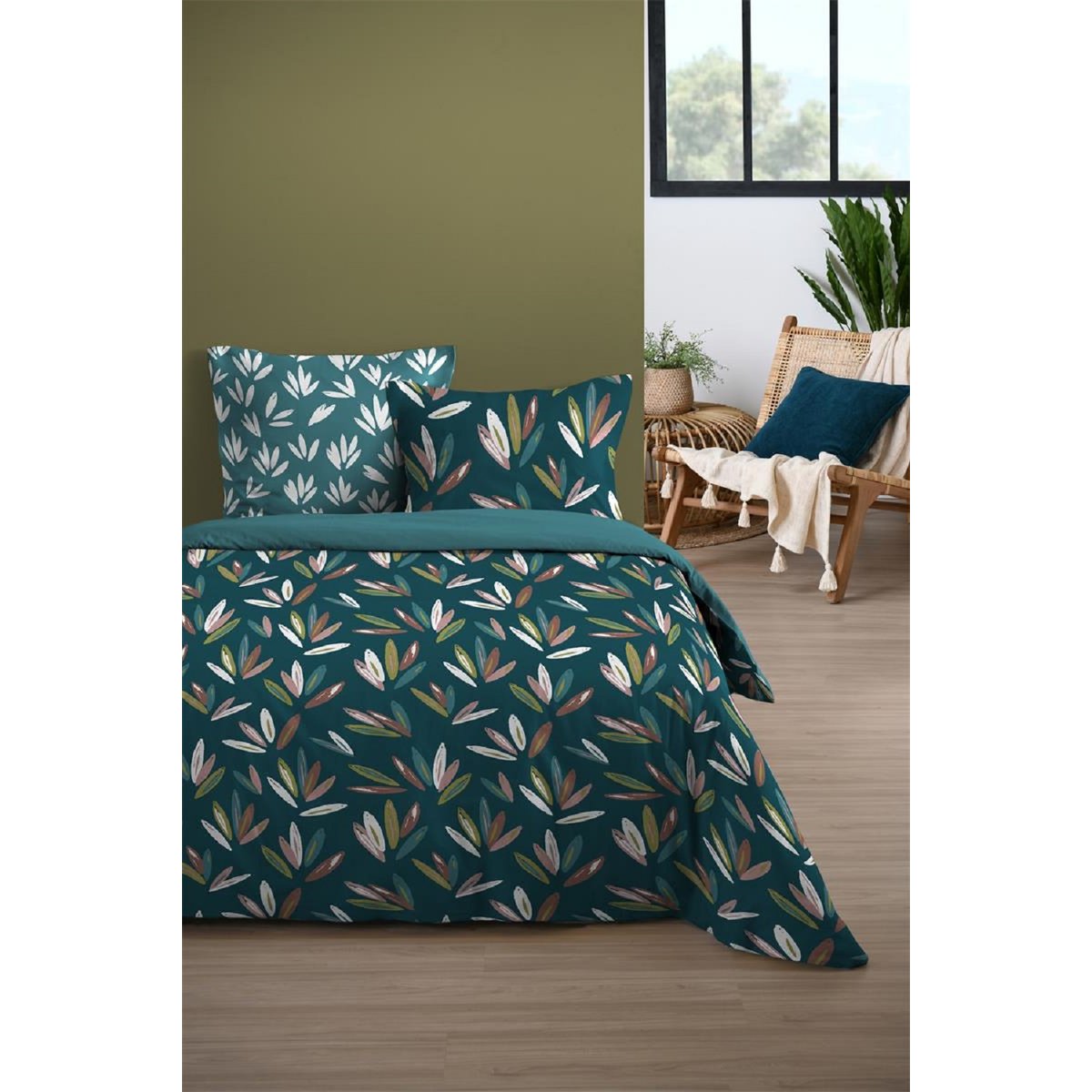 Parure de Drap + 2 taies d'oreiller Collection Douceur d'automne bleu, EDEN