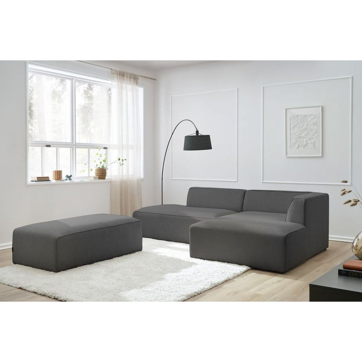 Canapé modulable 5 places en tissu chiné avec pouf, MEGEVE gris foncé, BOBOCHIC