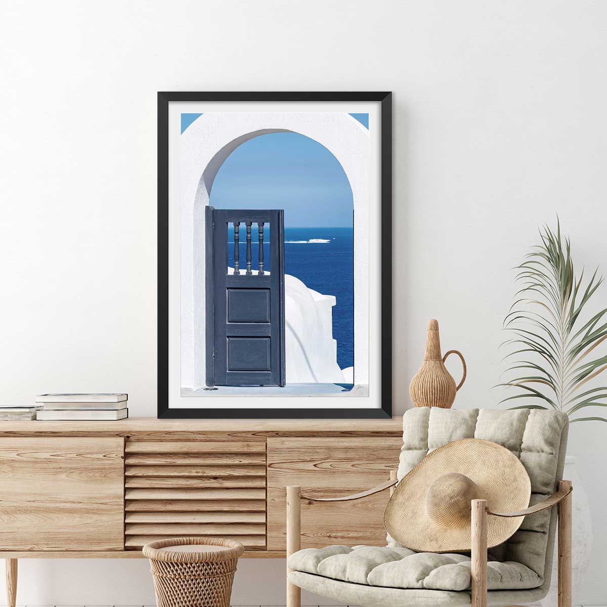 Poster porte bleue oia affiche + cadre en bois - noir, HEXOA