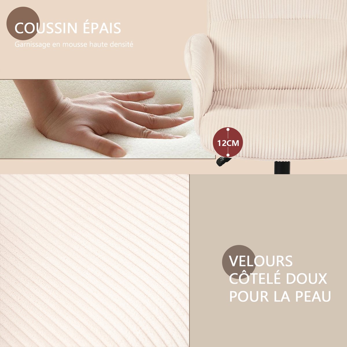 Ensemble de bureau d’angle rotatif avec portes rotin et chaise de bureau, DICCPERNTHOMASINACORD beige, MEUBLES COSY