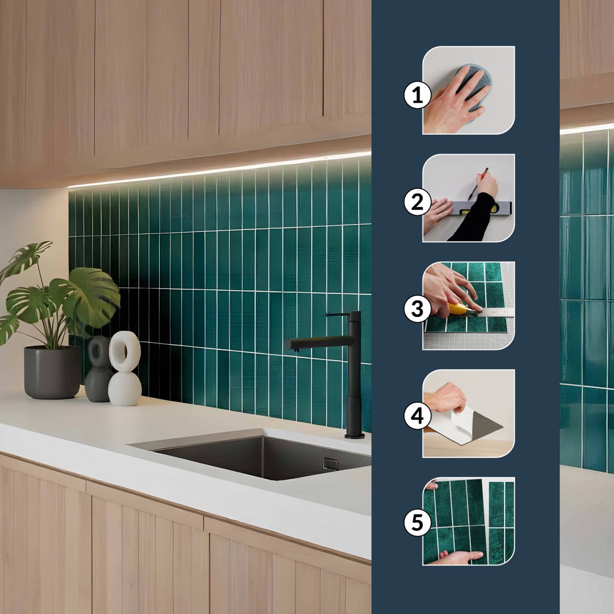 Crédence adhésive murale 3D - Effet carrelage 4 pièces couleur unique, DOUCEUR D'INTÉRIEUR