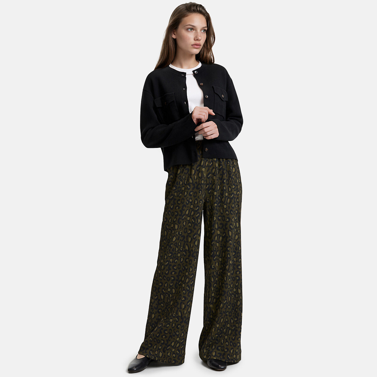 Weit geschnittene, fliessend fallende Hose mit Leopardenmuster und Dehnbund leopardenprint/khaki, LA REDOUTE COLLECTIONS