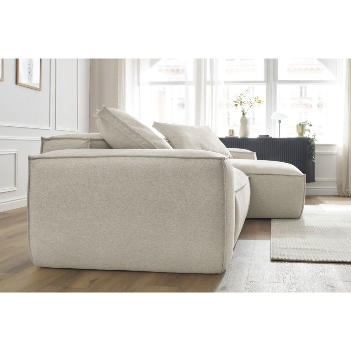 Canapé d'angle fixe 3 places en tissu chiné, BOHEME beige, BOBOCHIC