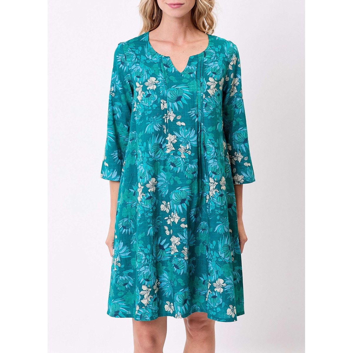 Robe imprimée coton bio plissée SANCHI vert emeraude, LA FIANCÉE