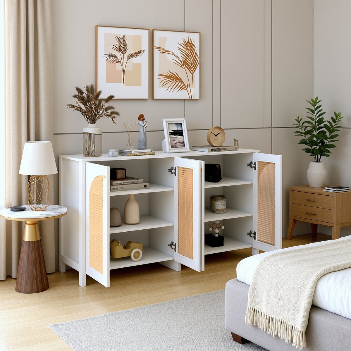 Armoire de rangement avec 4 portes et 6 couches et portes en rotin tressé, NOVAKB Armoire blanc, MEUBLES COSY