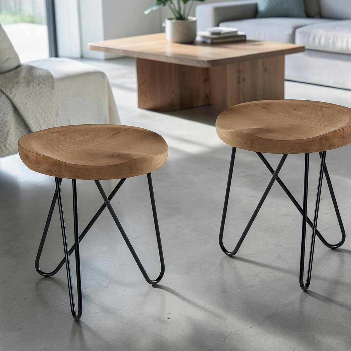 Tabouret en teck massif avec 3 pieds en épingle métal noir D40xH43cm TOWN bois naturel, PIER IMPORT