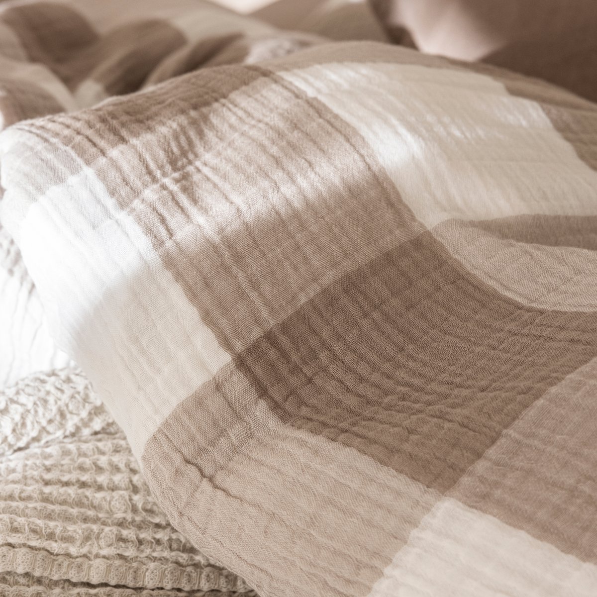 Housse de couette gaze de coton tissée, SIMPLEMENT GAUFRÉ VICHY beige, BLANC CERISE