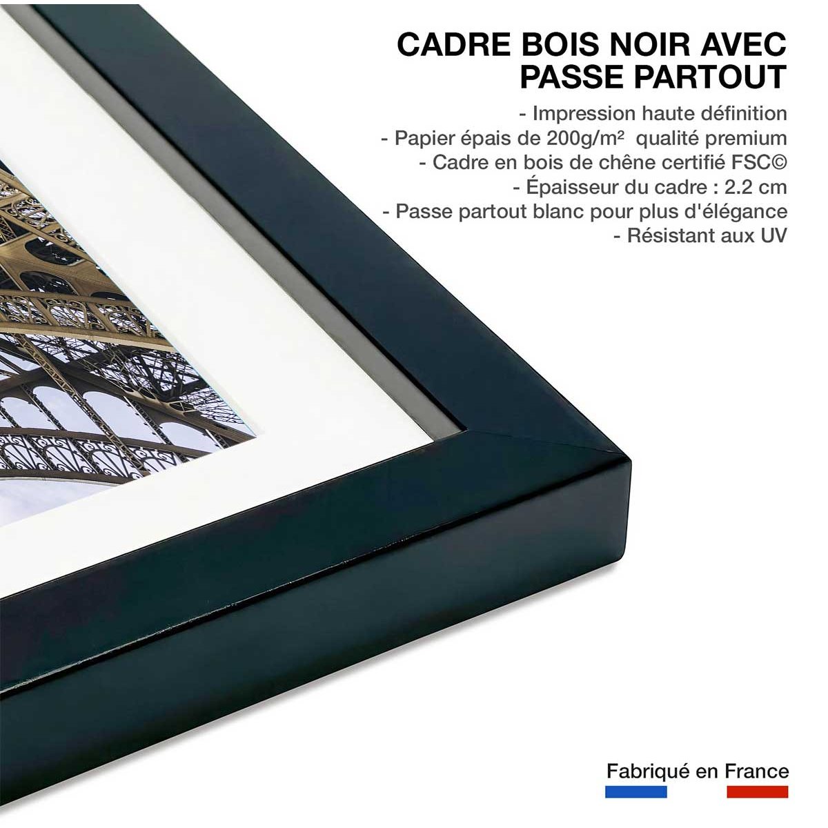 Affiche photo eiffel et son fer affiche + cadre en bois - noir, HEXOA