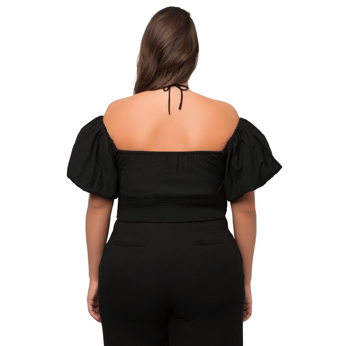 Blouse style crop top. Décolleté Carmen noir, ULLA POPKEN