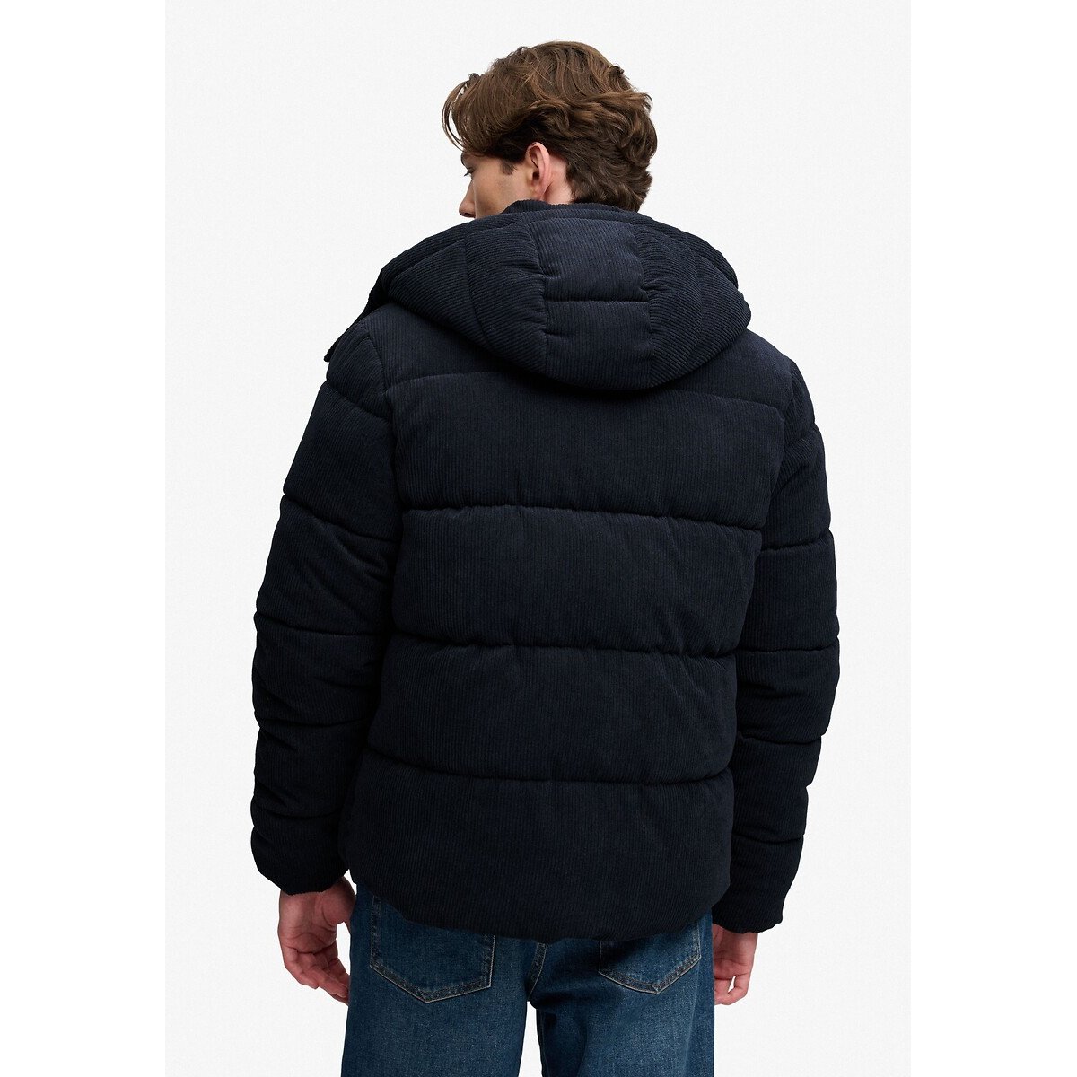 Piumino con cappuccio, in velluto a coste blu marino, SUPERDRY