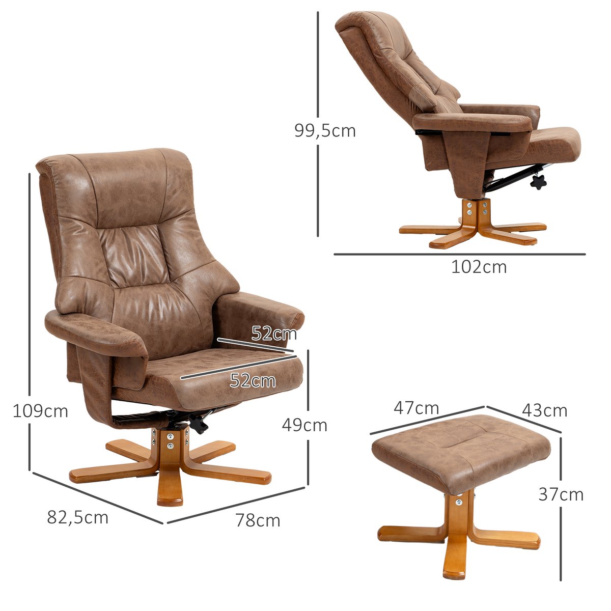 Fauteuil inclinable avec repose-pieds marron, HOMCOM