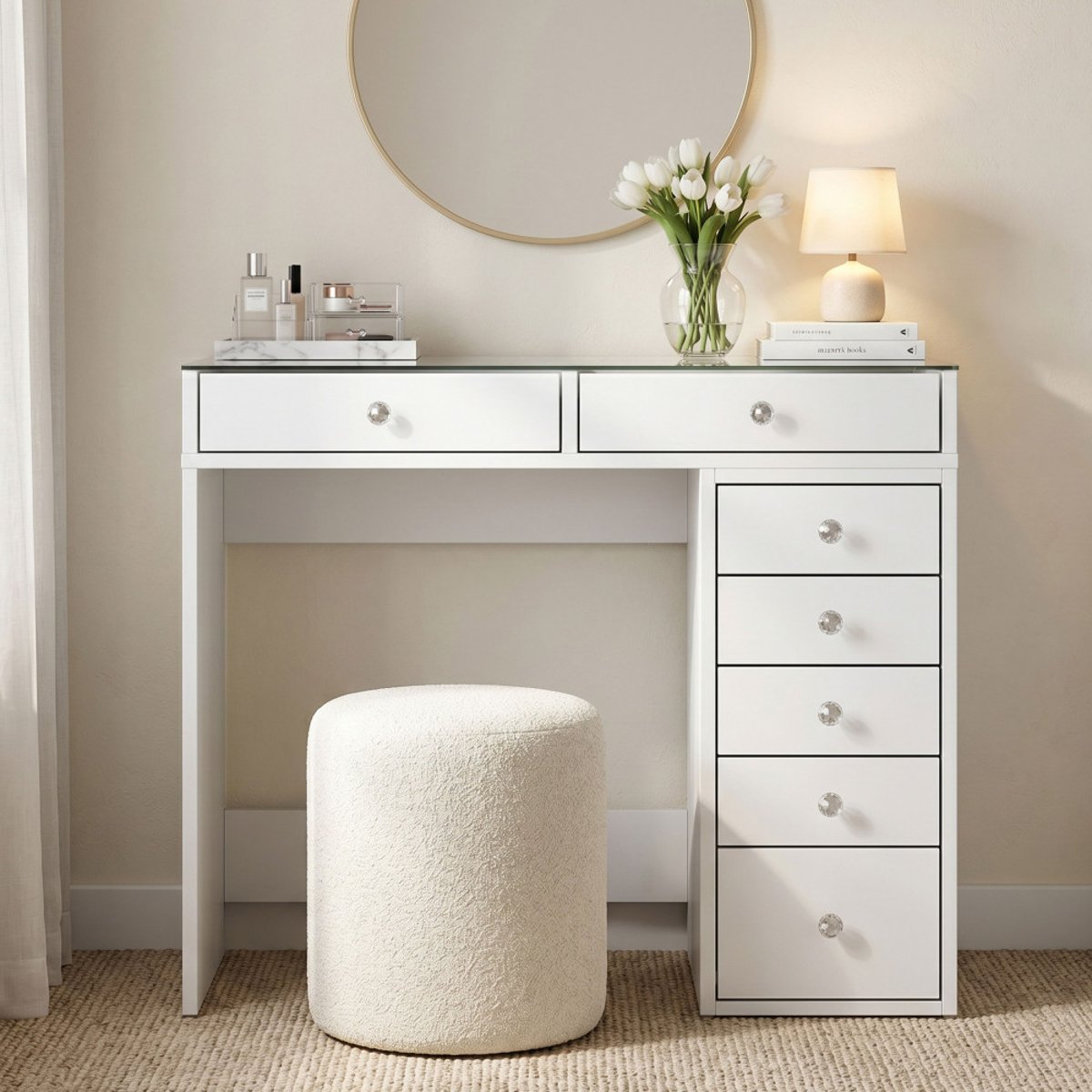 Coiffeuse 7 tiroirs avec plateau en verre L90cm- TIYA blanc, DRAWER