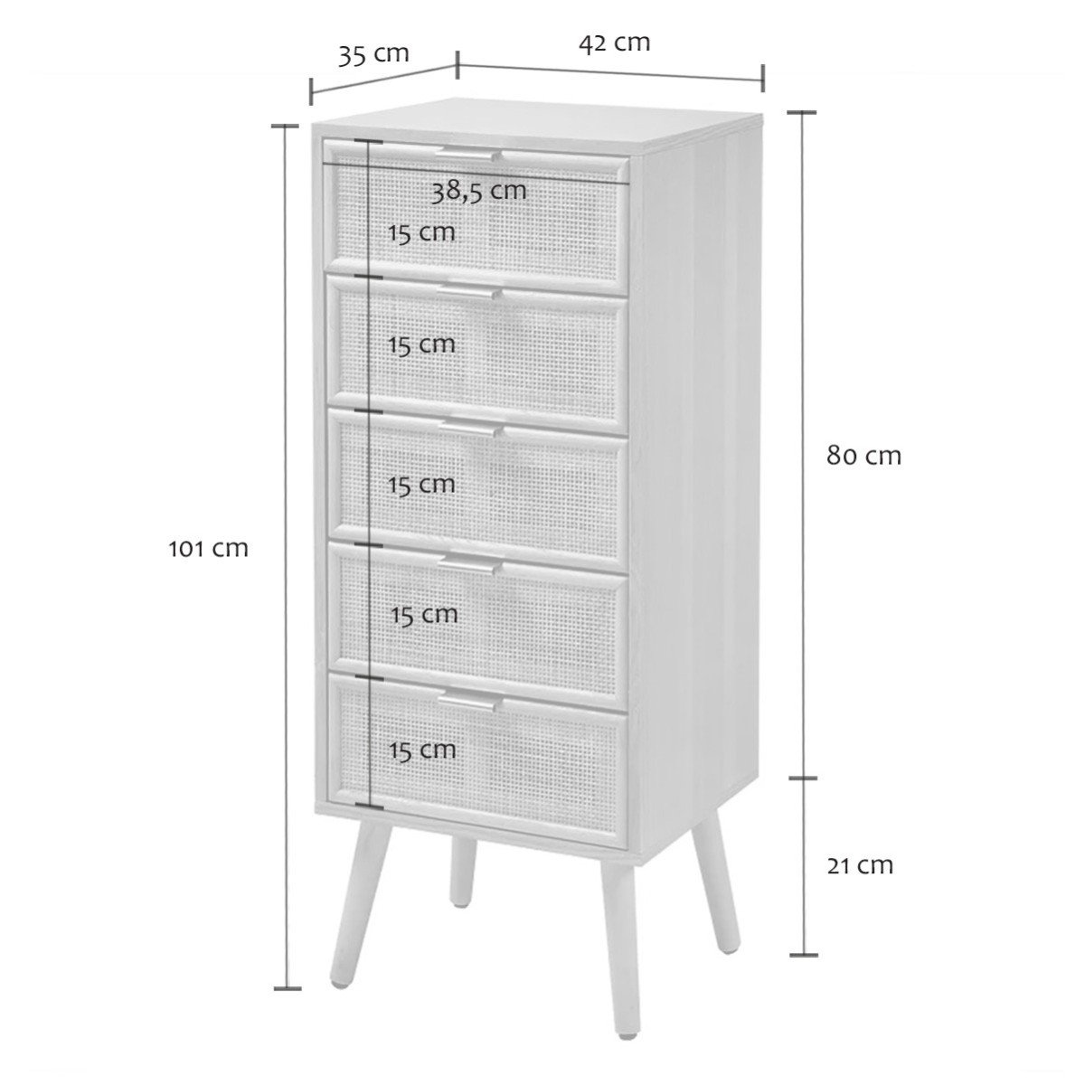 Chiffonnier 5 tiroirs façades en rotin naturel - L36.5 x H100.5 cm - MIYA bois clair, CALICOSY