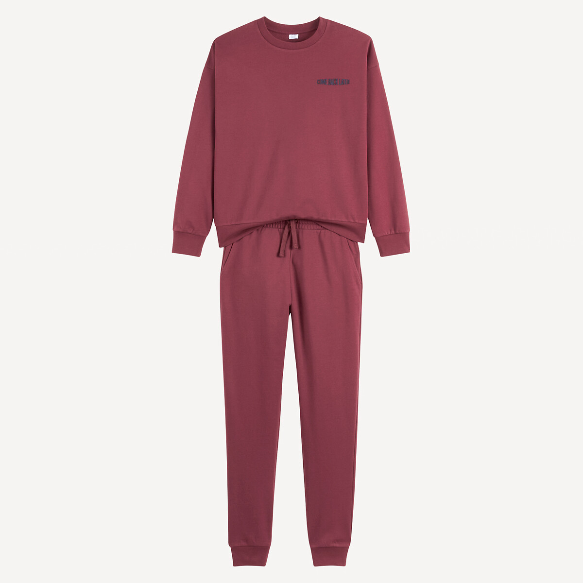Pyjama 2 pièces, en molleton, t-shirt manches longues et pantalon bordeaux, LA REDOUTE COLLECTIONS