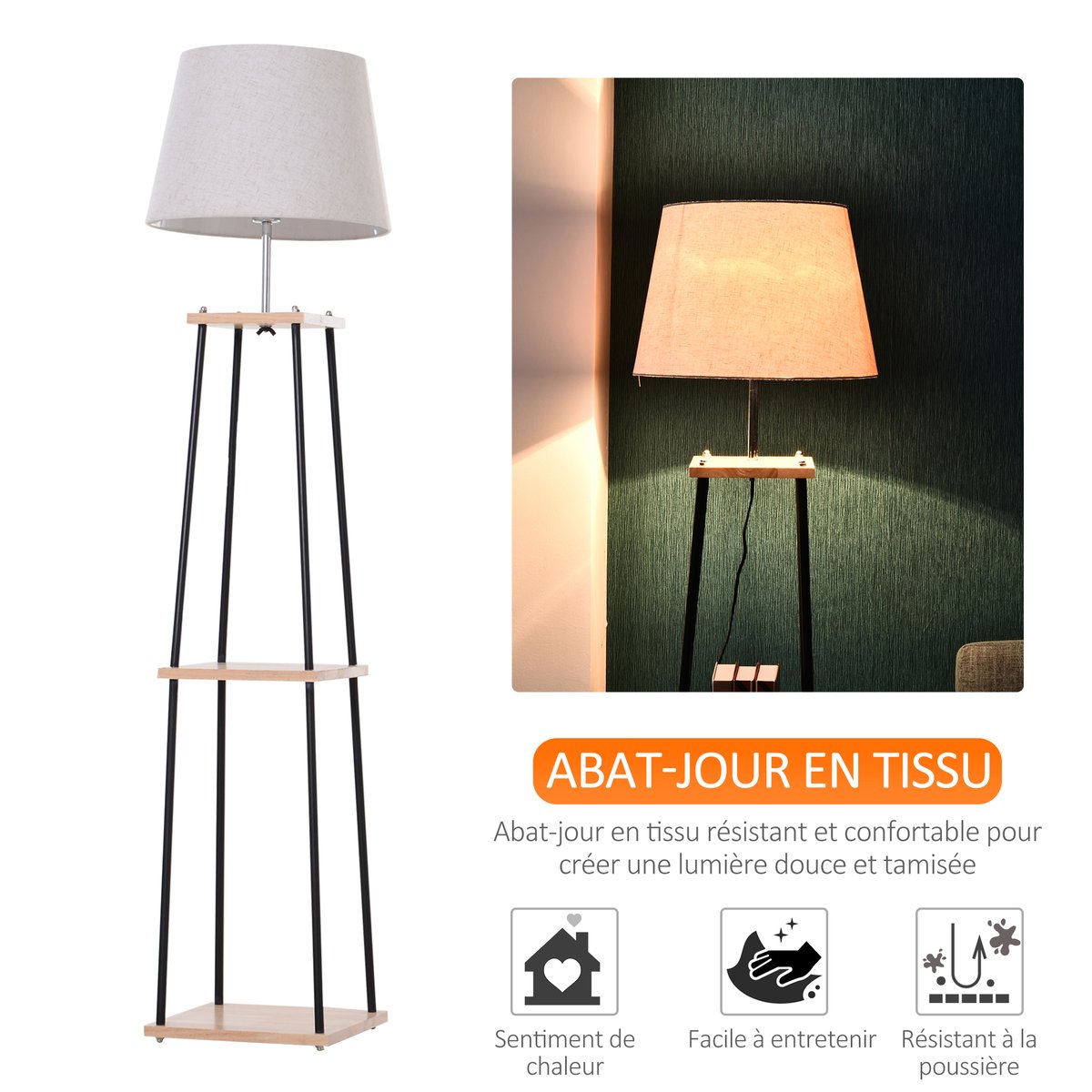 lampadaire Bois Beige beige, HOMCOM
