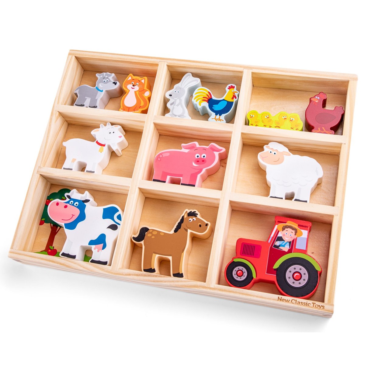 Figurines en bois Animaux Ferme beige, NEW CLASSIC TOYS