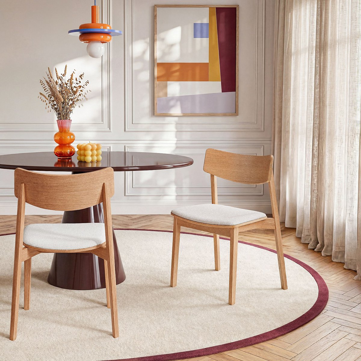 Lot de 2 chaises en tissu texturé et chêne massif ETIENNE crème, HABITAT