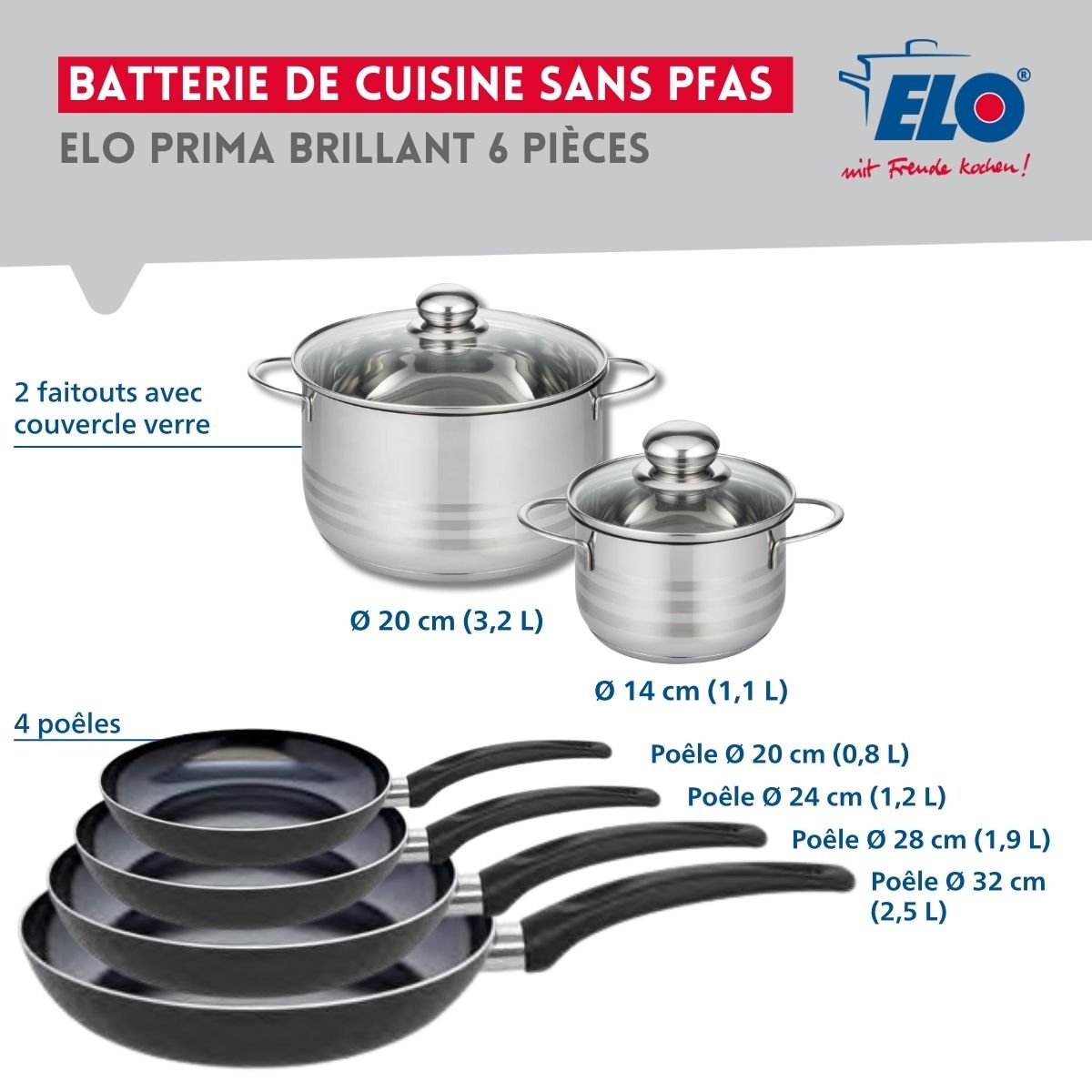 4 poêles 20/24/28/32cm + 2 faitouts 14/20cm PRIMA BRILLANT noir, ELO